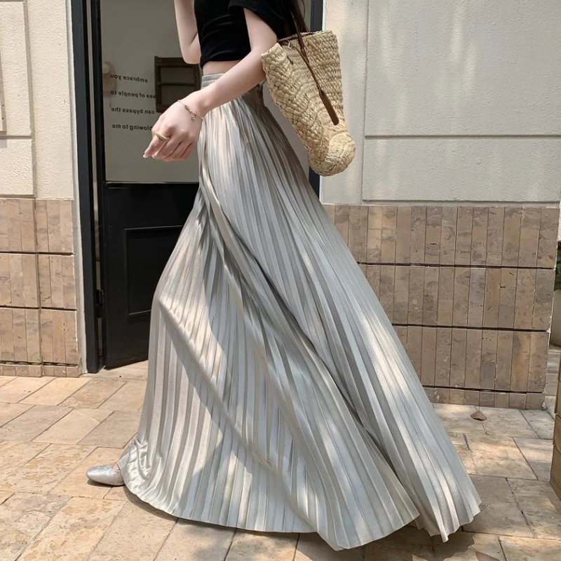 Summer Wrinkled Pleated Skirt Women Maxi Skirt 2026 Korean Style Casual High Waisted A-Line Long Skirts 100cm falda plisada