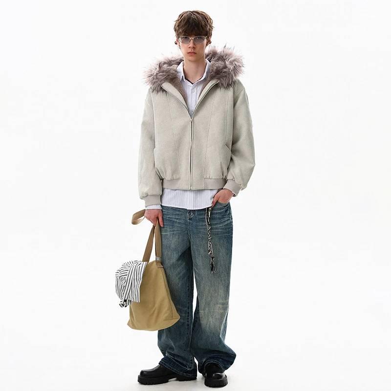 루젠 2025 겨울 고품질 인조 모피 후드 패딩 코트 남성 패션 우아한 분위기 단색 캐주얼 파카 JY5424