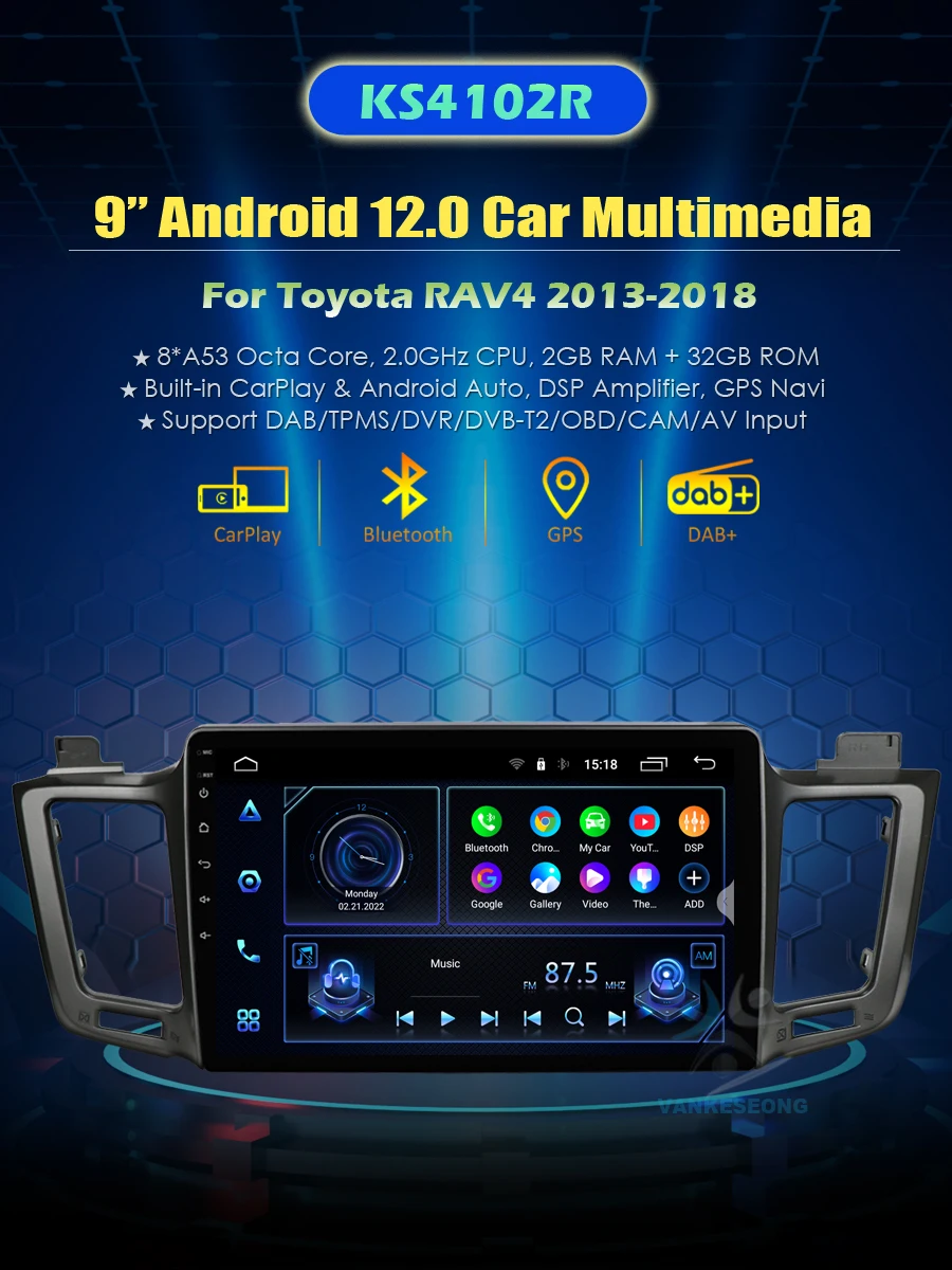 Android 12 CarPlay Android Auto Car Multimedia Stereo Video Player For Toyota RAV4 2012-2018 Right Hand Driver GPS Navigation