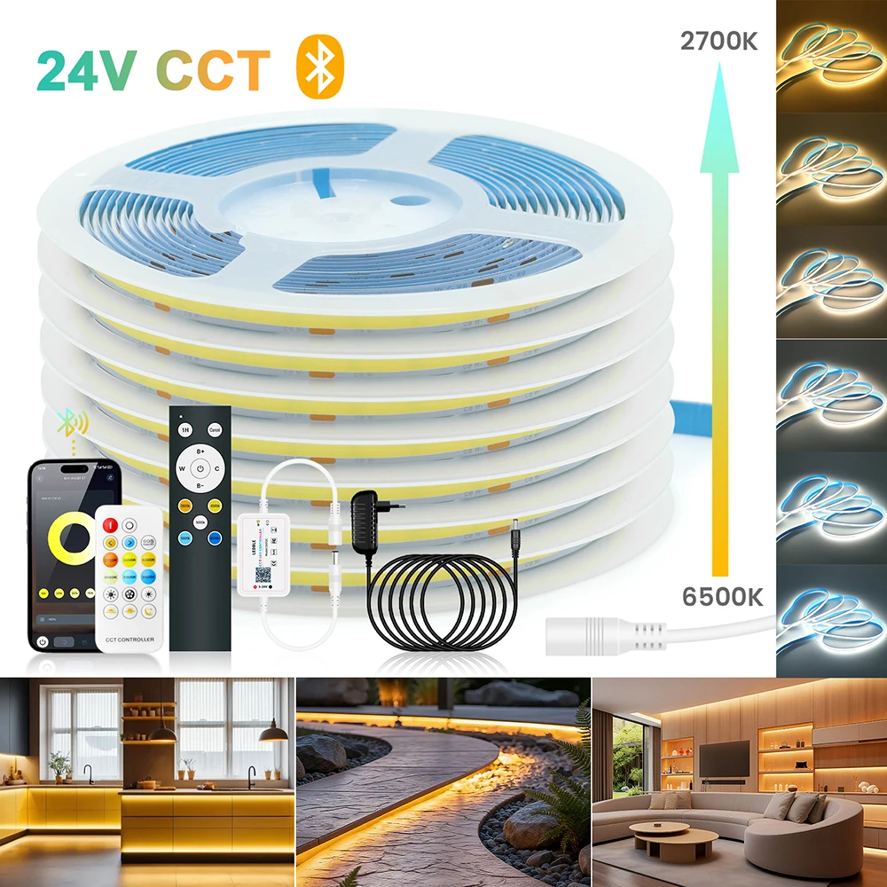 Bluetooth Remote CCT COB LED Strip Light 17key 12key RF Control EU/US/UK/AU Power Kit 24V 2700K 3500K 4000K 4500K 5000K 6000K