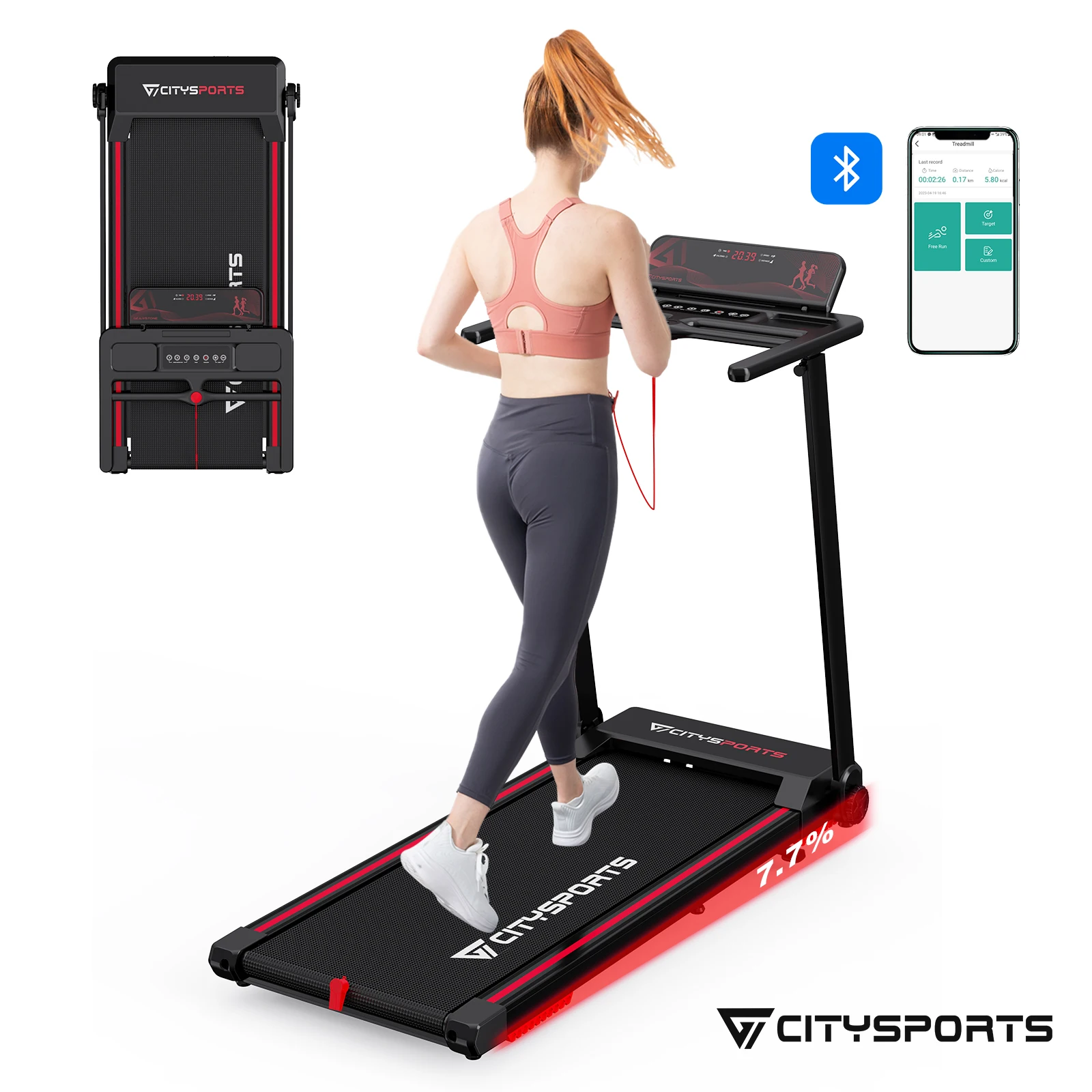 CITYSPORTS PRO Tapis de Course, Tapis de Marche Inclinable 7.7%, Tapis de Marche Pliable, Tapis de Course Pliable avec APP & Bluetooth pour la Maison et Le Bureau, 2.0 HP Tapis de Marche,12km/h ,120KG