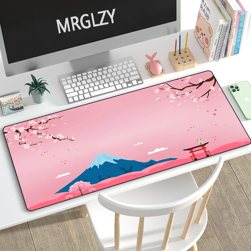 Mouse Pad grande para jogos, tapetes rosa de cerejeira, mousepads do monte Fuji, tapetes de mesa, tapete de teclado para LOL, estilo japonês, XXL