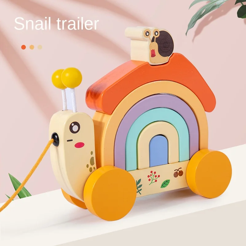 Wooden children's snail pulling rope cart, towing toys, assembling blocks, baby boy, baby girl toddler, early education toys