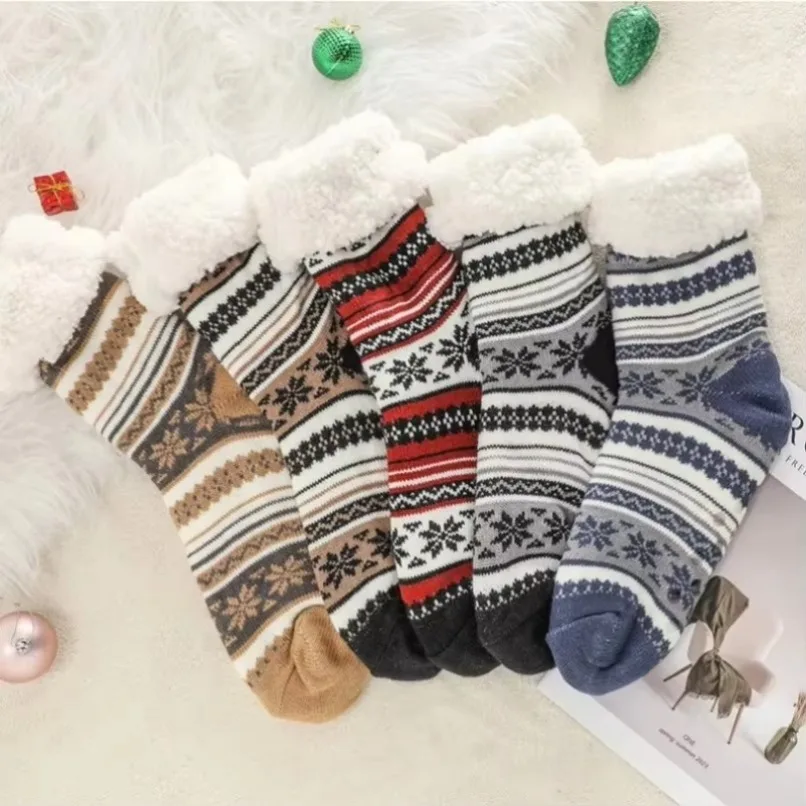 Masculino fofo listra meia inverno quente curto grosso casa dormir térmico macio piso fuzzy chinelo meia presente de natal floco de neve