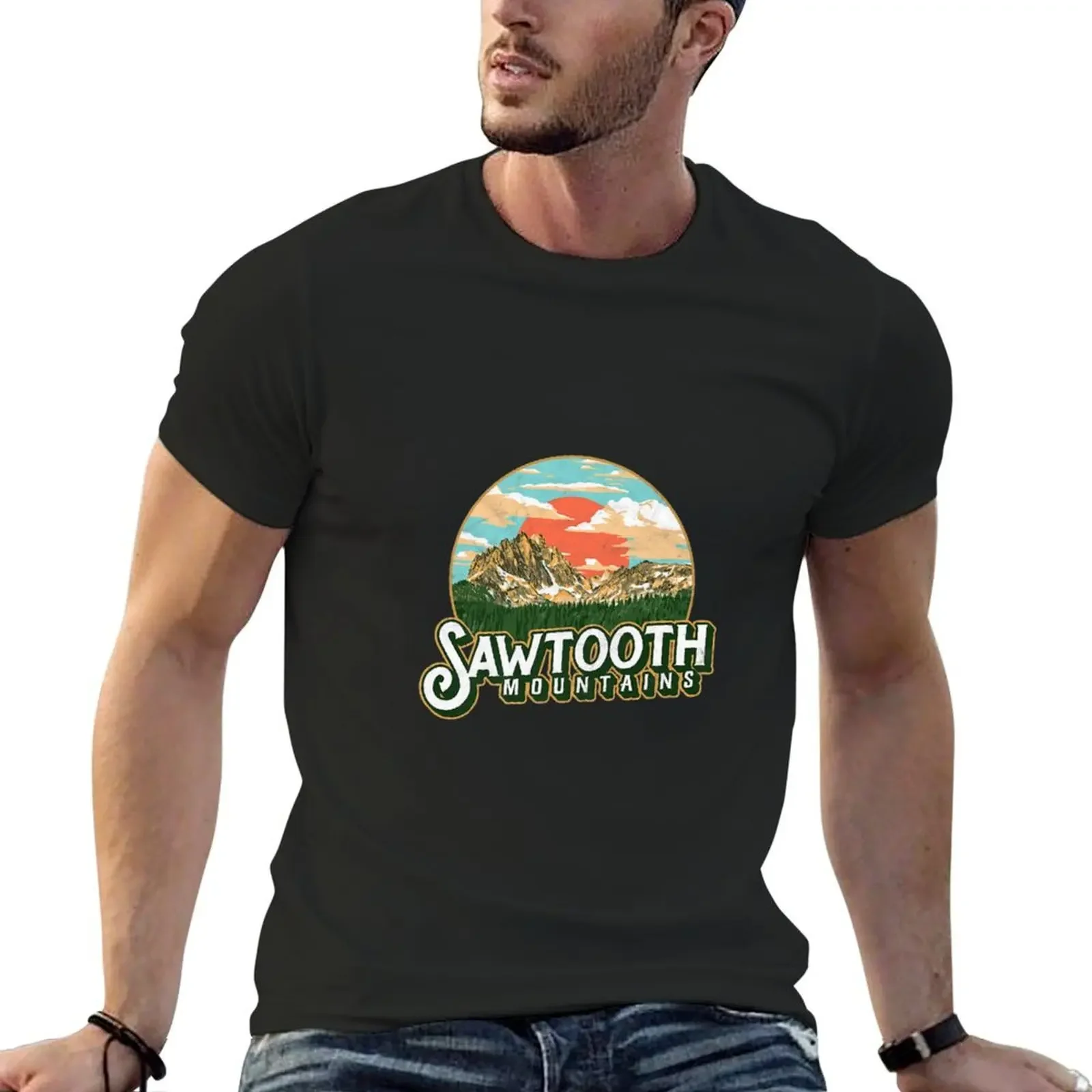 Sawtooth Mountains Idaho Vintage Retro Graphic Premium T-Shirt summer top blue archive man t shirt shirts graphic tee men