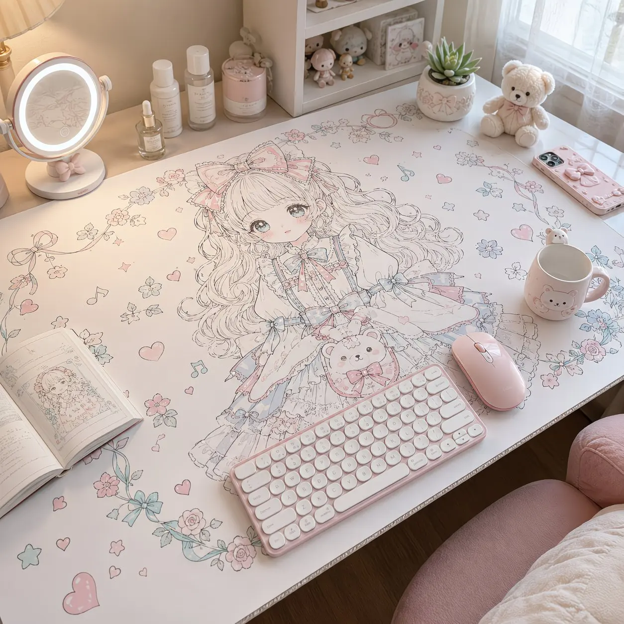 Ins Pink Floral Anime Girl Rabbit Y2K Pu Leather PU Mouse Pad Waterproof Desk Mat Protective Game Keyboard Dorm Table Mat Decor