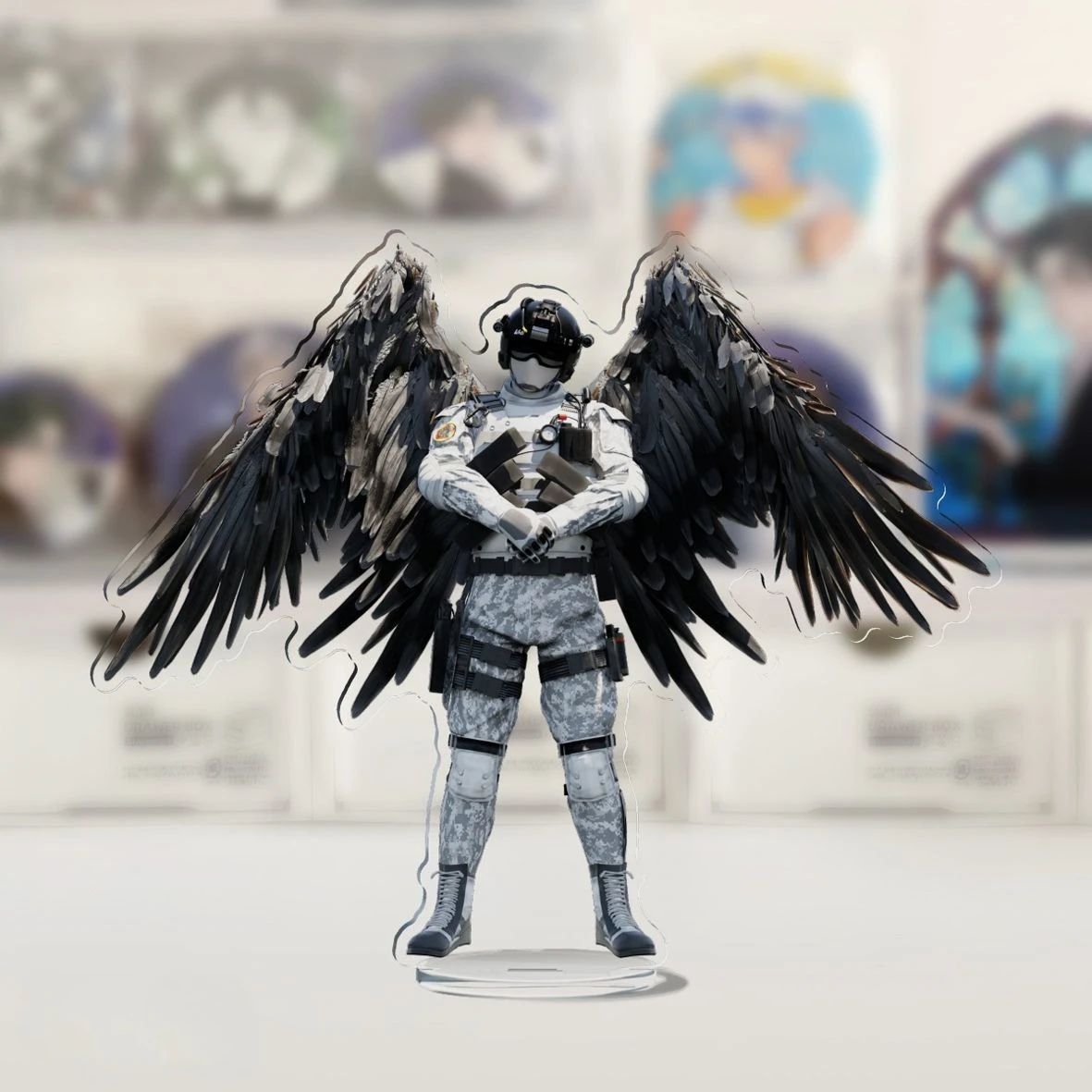 Cosplay Stand Tactical Soldier Acrylic Standee with Black Angel Wings Desktop Action Figure Display Decor for Gaming Anime Fans