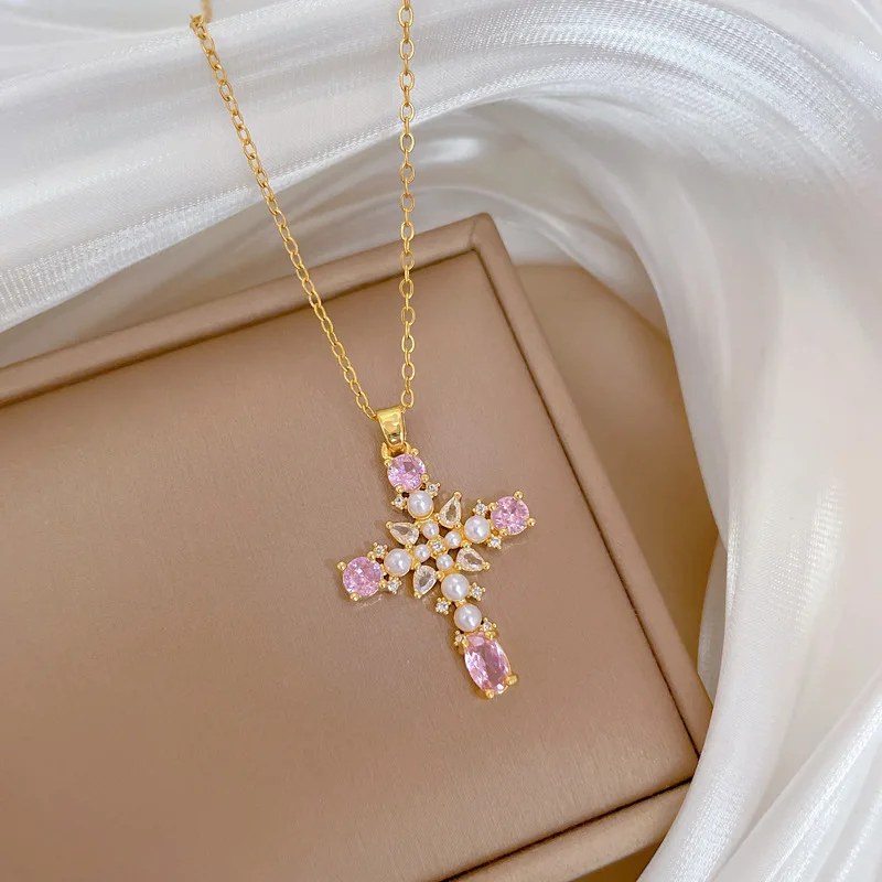 Classic Personalized Micro-encrusted Charm Pearl Cross Necklace Fine Girl Hundred Starburst Stainless Steel Personalized Gift