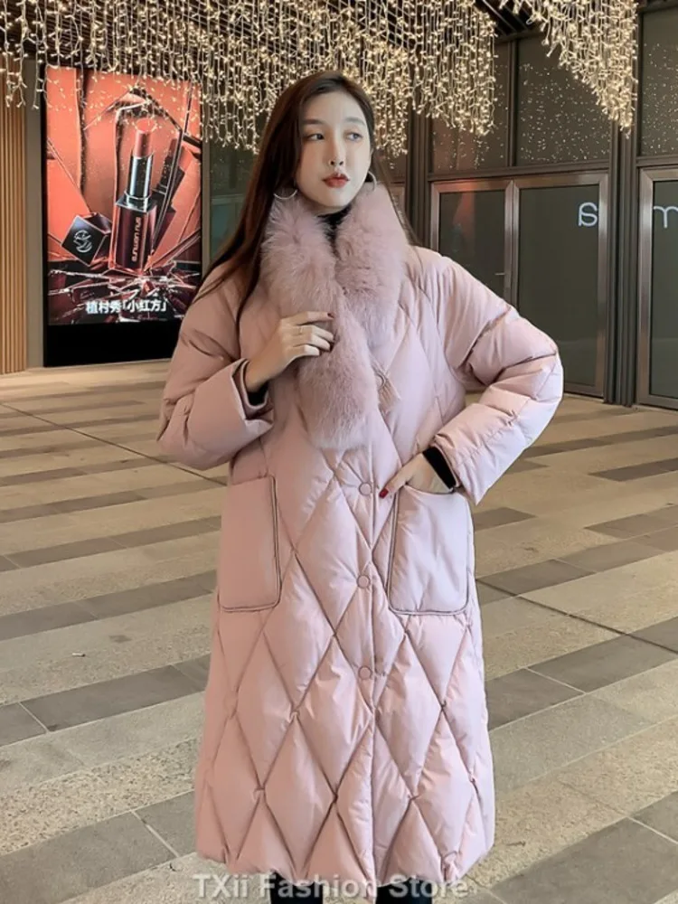 Winter Luxury Fox  Fur Down Jacket Women 2023 90% White Duck Down Stand Collar Long Rhomboid Loose Puffer Coat