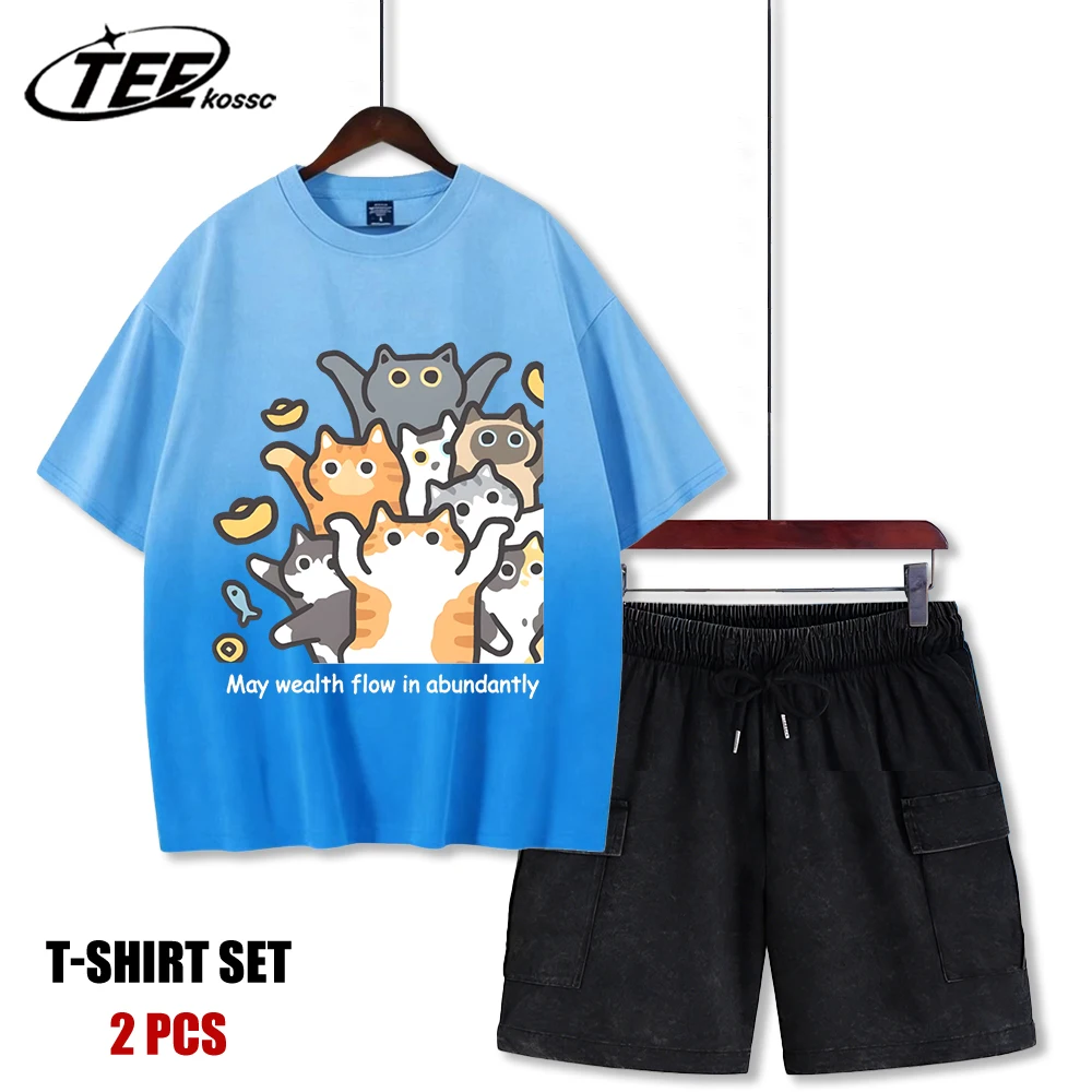 

Футболка в стиле ретро с принтом «Счастливые кошки» для мужчин, мягкая хлопковая футболка и шорты, одежда с круглым вырезом, унисекс, летняя одежда с короткими рукавами и эффектом тай-дай