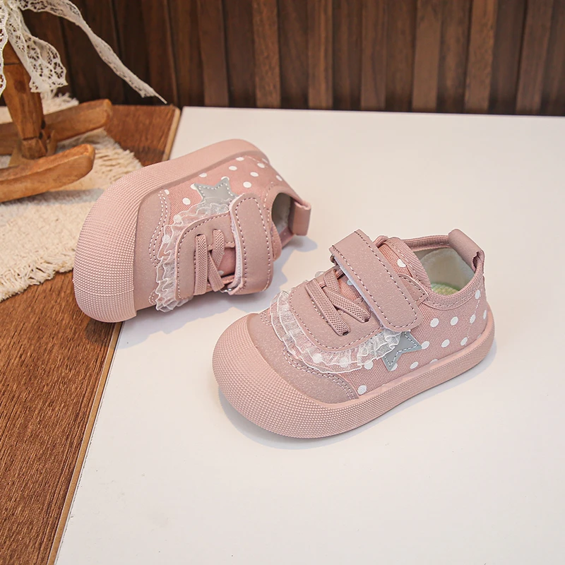 Autumn Toddler Girls Canvas Shoes Polka Dot Star Lace Hook and Loop Anti-Collision Toe Casual Sneakers for Little Girls
