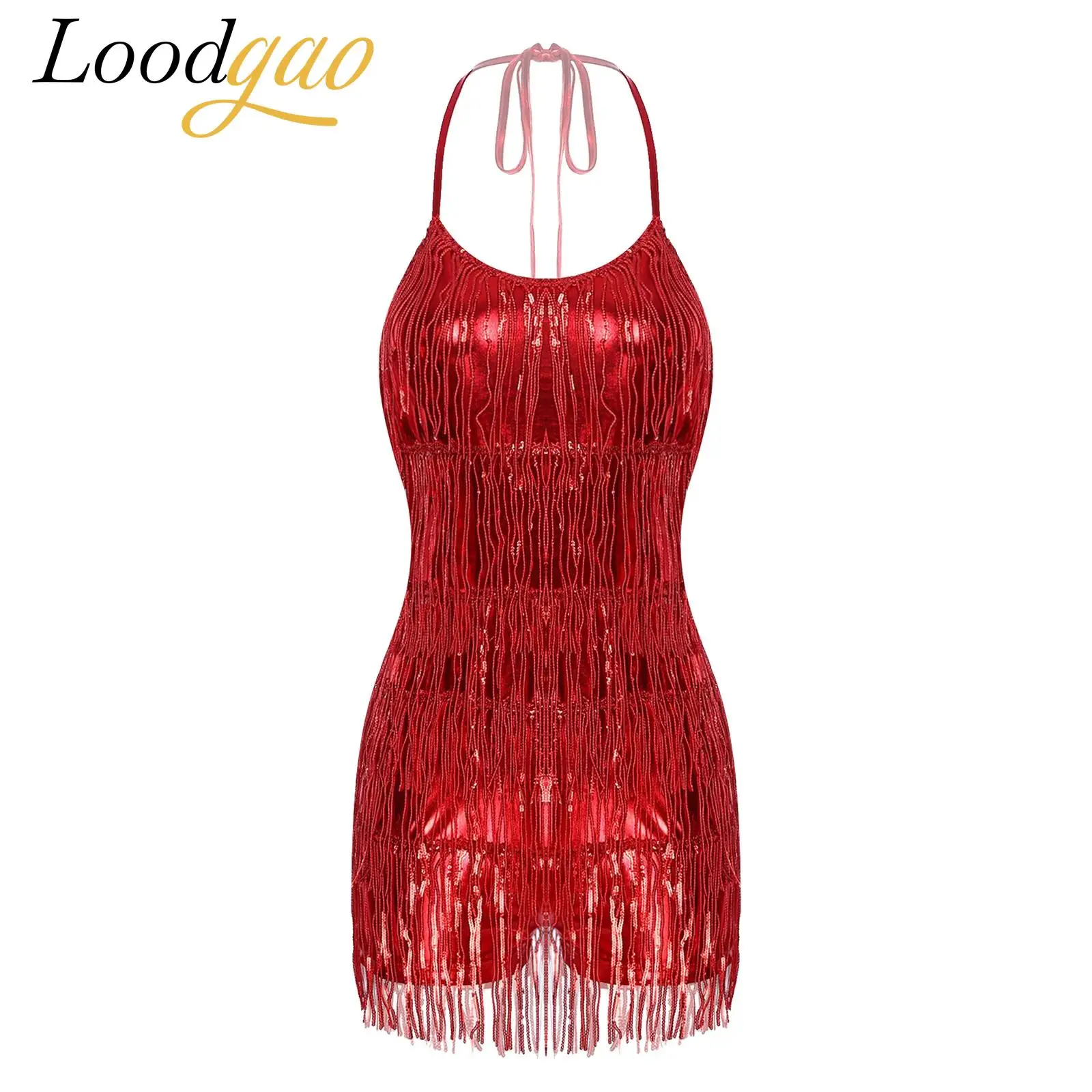 

Womens Glittery Bodysuit Sequined Cha-cha Samba Fringe Tassels Latin Leotard for Dance Competition Dancewear Ballroom Costume