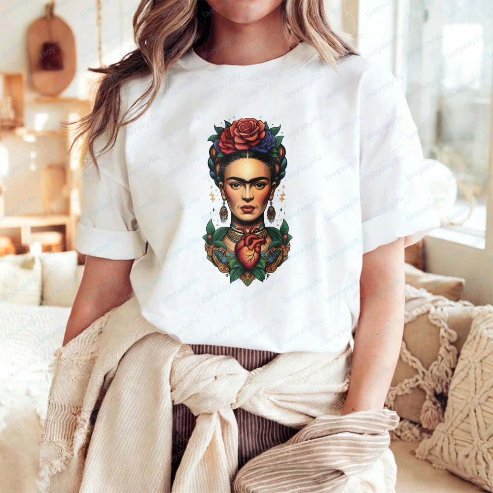 Frida-Kahlo-Portrait-with-Rose-and-Heart-Design-T-Shirt-Artistic-Vintage-Style-Casual-Tees-Retro-Cinco-De-Mayo-Unisex-Cotton-Tee