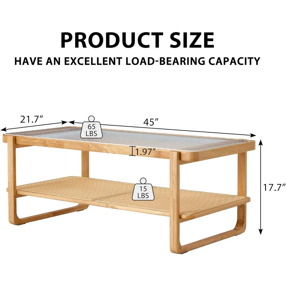 Rattan Coffee Table with Tempered Glass Top, Imitation Rattan Storage Shelf Glass Coffee Table