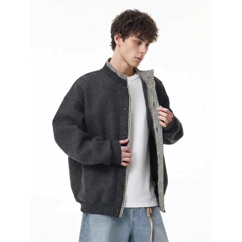 QICHE Vintage Old Money Plaid Color Block Fake Two Piece Cardigan Sweatshirt Men Autumn Heavy Texture Woolen Coat