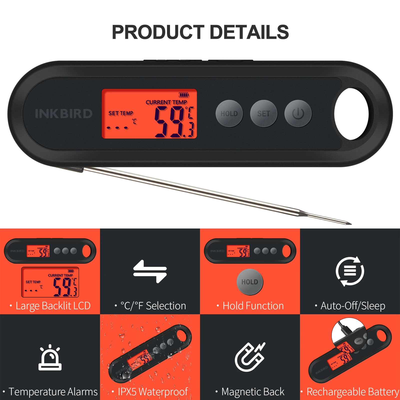 INKBIRD BBQ Meat Thermometer with 2 External Probes Large Backlit LCD Display Instant Read Handheld Cooking Thermometer IHT-2XP