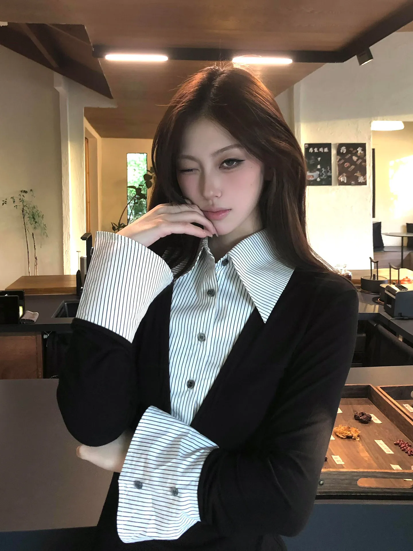 Genayooa Japanese 2000s Shirt Women Patchwork Fake Two Piece Tops Streetwear American Retro Shirt And Blouse Y2k Vintage Tops