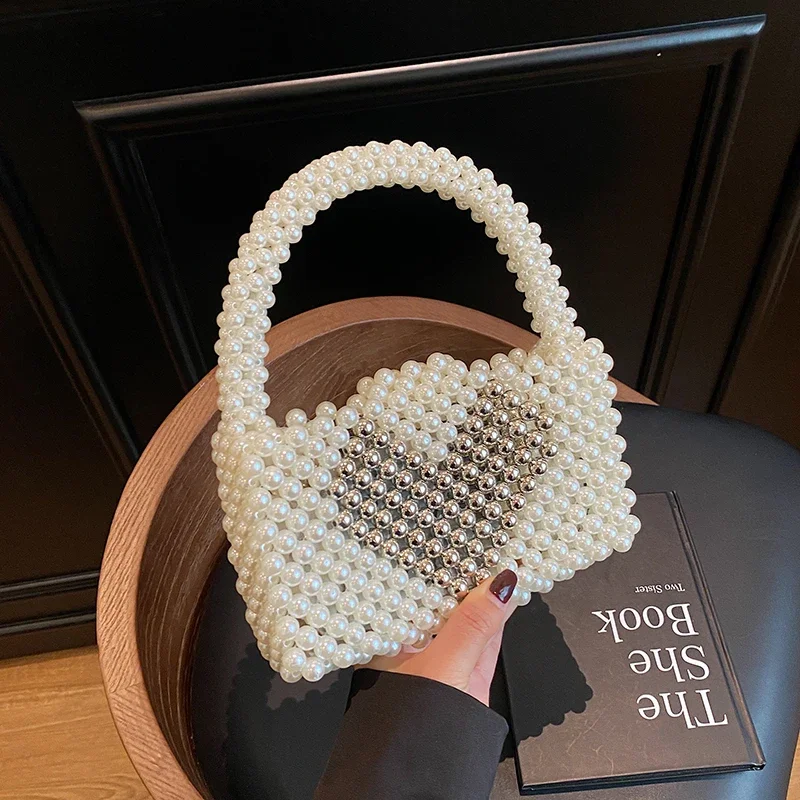

Luxury Silver Pearl Evening Clutch Bag Women Party Wedding Purse Designer Handbag Female Cute Heart Bag Handmde Beaded Bolsos