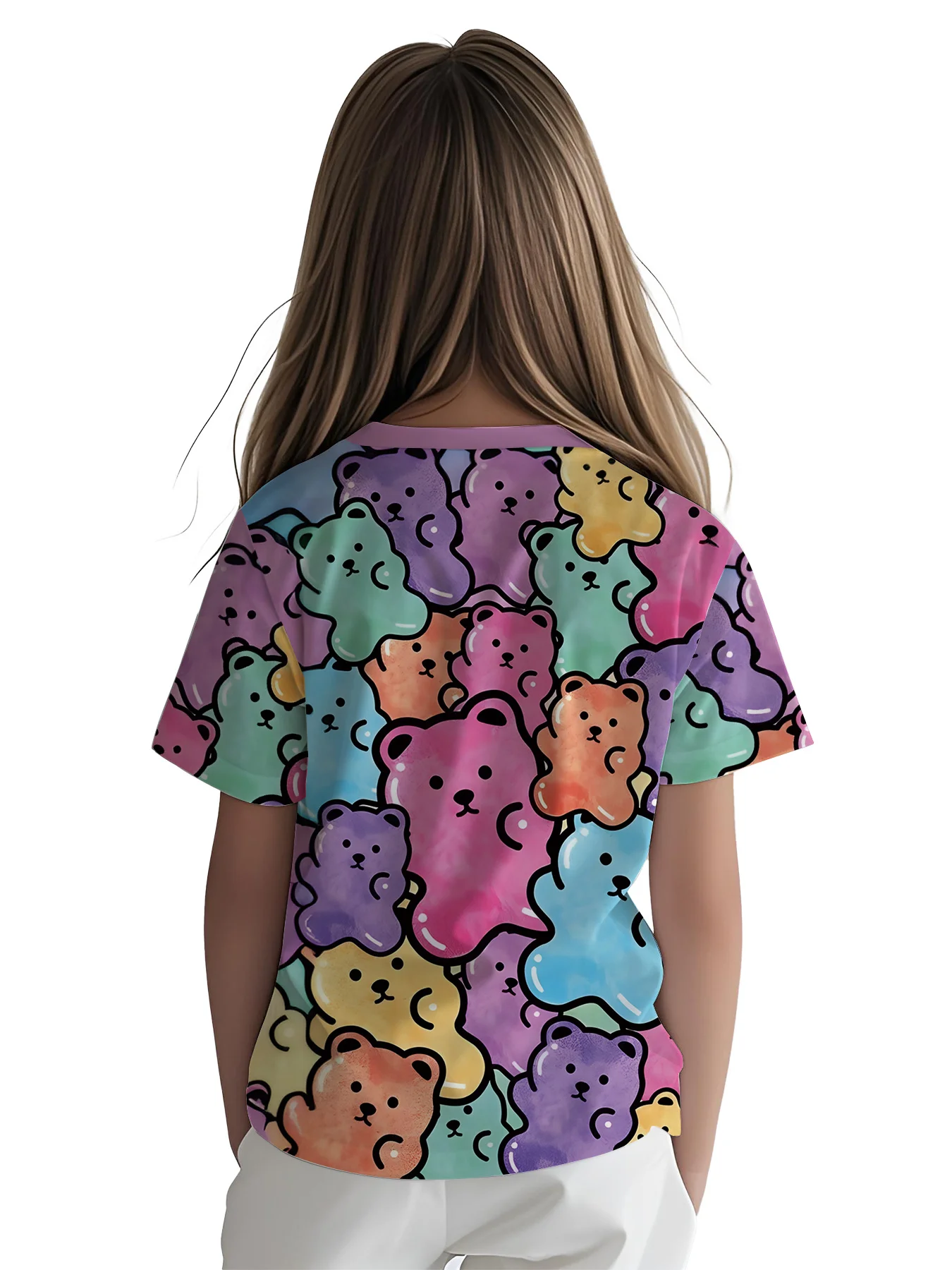 Girls Candy Bear Themed T-Shirt, Bright Watercolor Gummy Bear Pattern Casual Kids Graphic Top