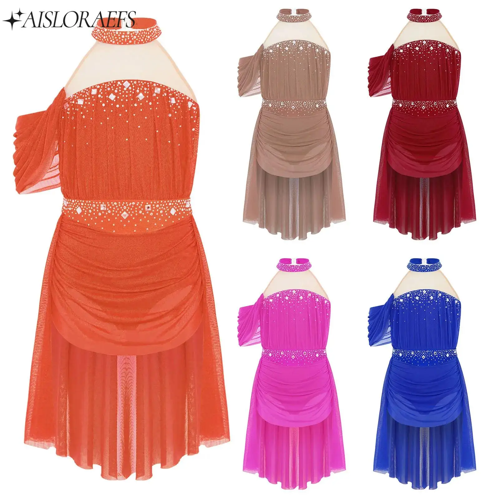 

Kid Girl Ballet Lyrical Modern Dance Dress Halter Backless Cutout Back Rhinestones Ruched Mesh Drape Dress Skating Dance Clothes