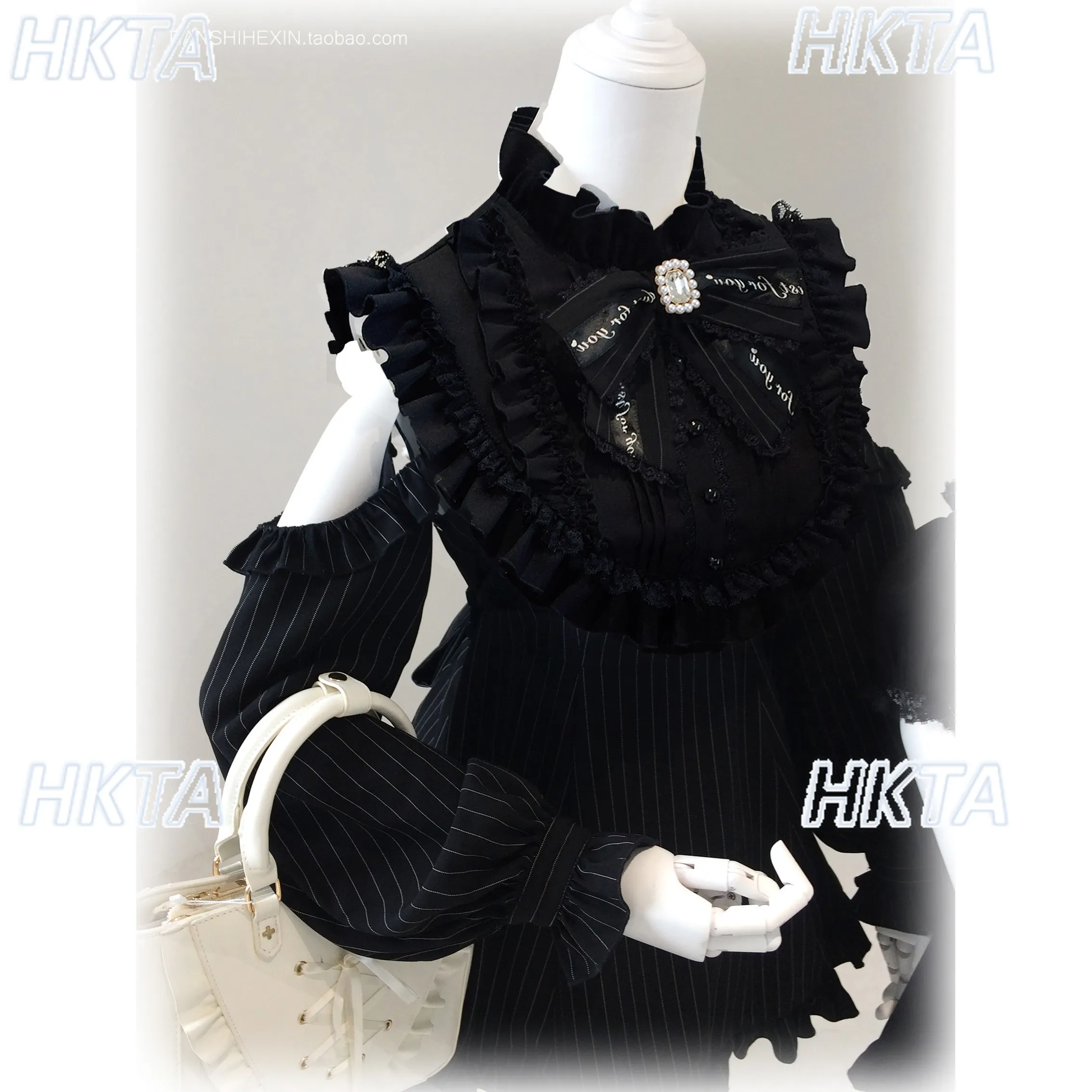 Japanese Subculture Goth Dark Off Shoulder Pleated Bow Pearl Lace Striped Ruffle Edge Waist Lolita Dress Black Shorts Suit Women