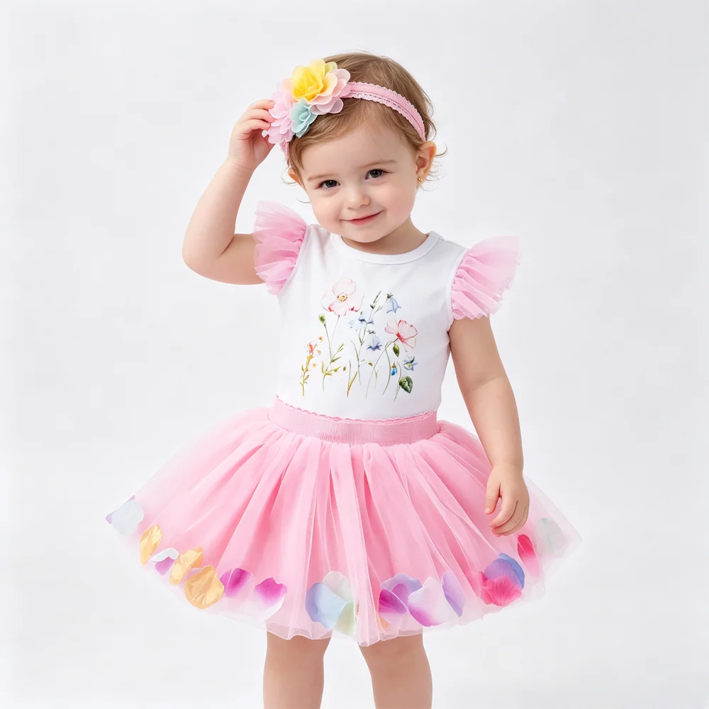 Baby Girl Unicorn Tutu Outfit Set Romper Colorful Pom‑pom Tulle Skirt Flower Headband Infant Princess Birthday Party Costume