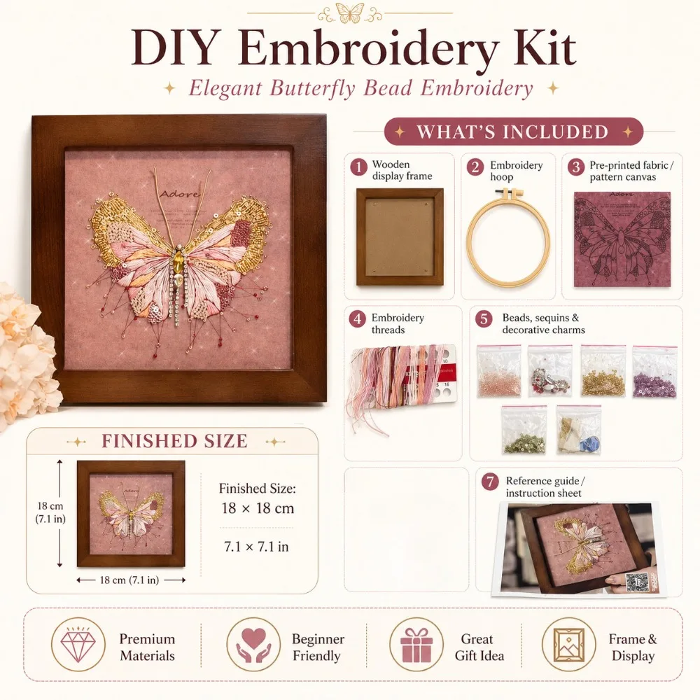 3D Beaded Butterfly Embroidery DIY Kit with English Step-by-Step Instructions and Video Tutorial, Retro Pink-Gold Frame Handmade