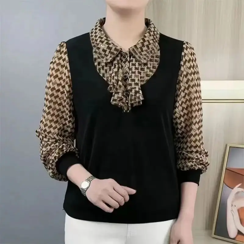 New Women's Clothing Shirt Polo-Neck Long Sleeve Commuter Office Lady Fake Two Pieces Stylish Printed Spliced Classic Pullovers