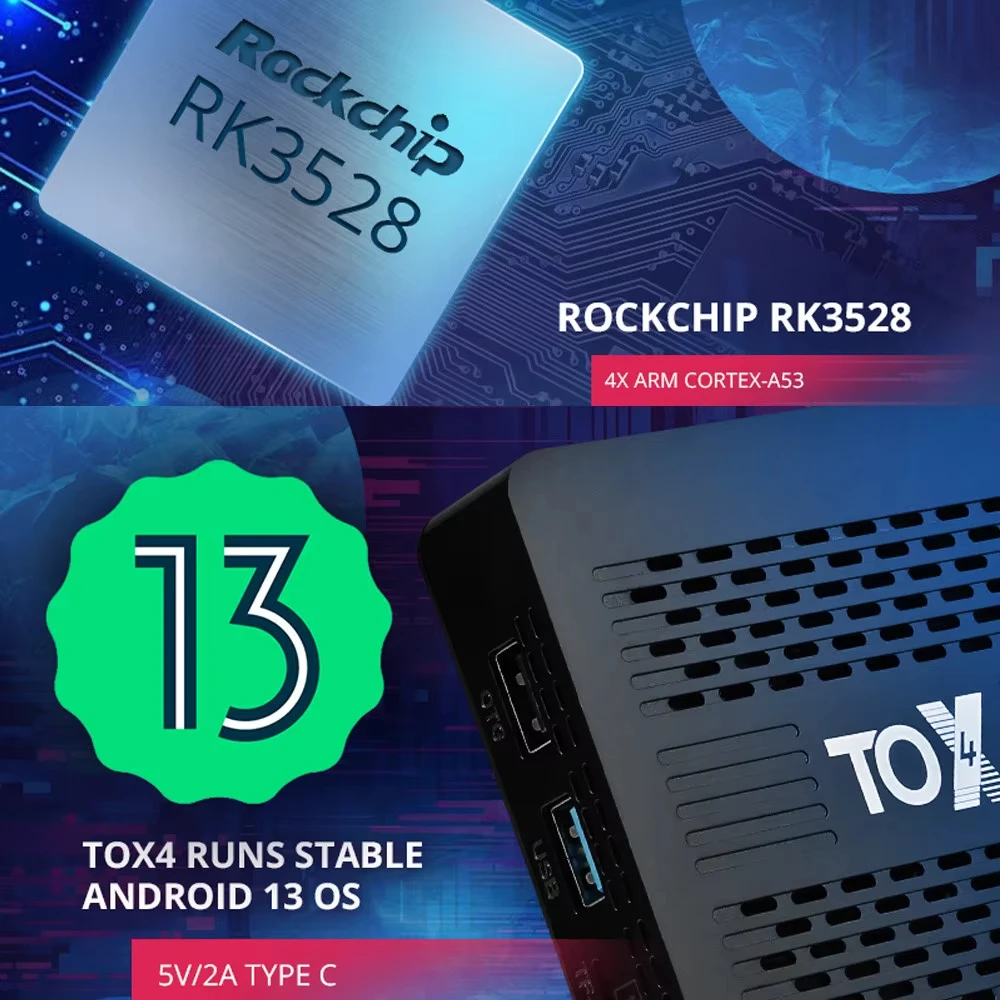 Original Smart TV box TOX4 RK3528 Android 13 4GB 32GB BT5.0 AV1 1000M LAN 2.4G 5.8G Dual Wifi 4K Multimedia Player Set Top Box