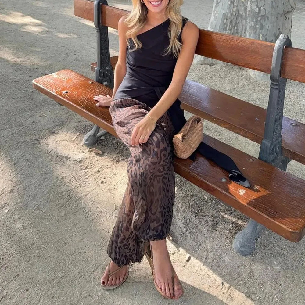 KONDALA Vintage Leopard Print Chiffon Long Pants High Waist Wide Leg Lantern Pants Fashion 2025 Autumn Boho Holiday Trousers