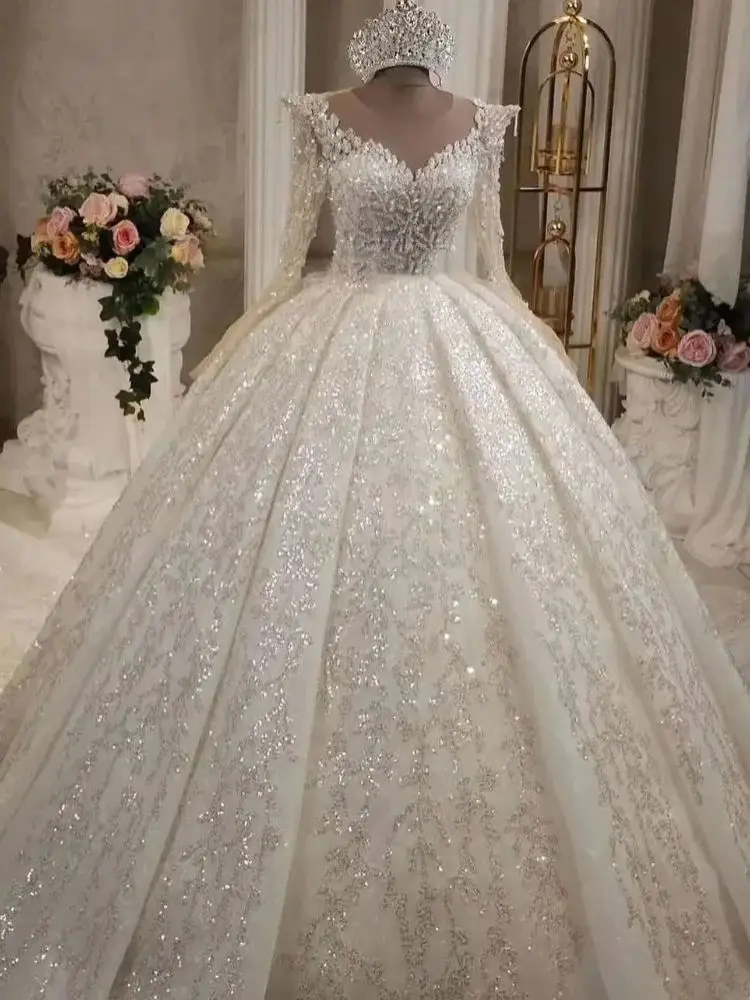 Luxuriöses funkelndes A-Linien-Hochzeitskleid mit Spitze und Kristallperlen für Damen, sexy V-Ausschnitt, lange Ärmel, Kirchenhochzeit, Brautkleid nach Maß