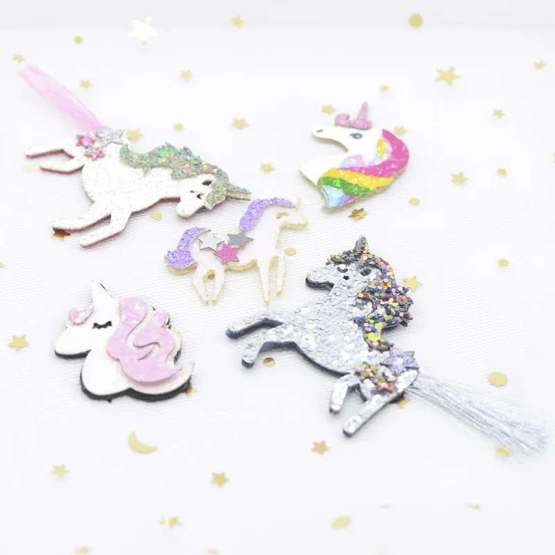 5Pcs Multiple Styles Glitter Fabric Appliques Cartoon Unicorn Horse Padded Patches for DIY Clothes Headwear Hair Clips Decor