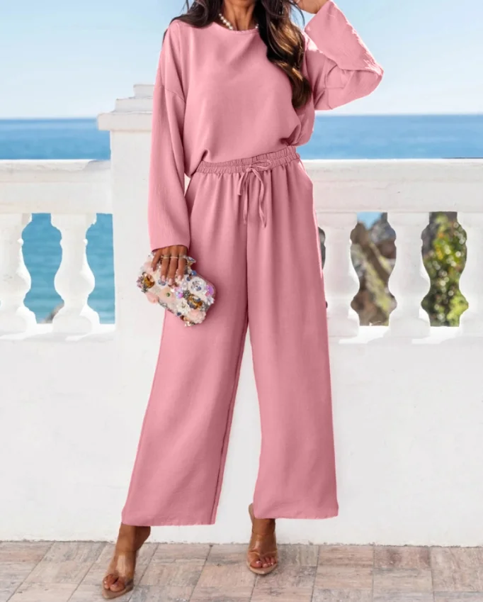 

Two Piece Women's Fashion 2025 Spring Latest Casual Chic Round Neck Long Sleeve Top and Casual Tied Waist Wide Legal Pants Set