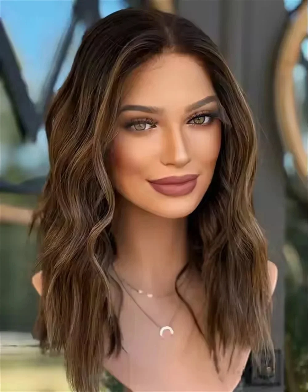 18 Inches Ombre Dark Brown With Blonde Streaks Synthetic Lace Front Wigs Loose Wave Glueless Wigs Daily Party Cosplay Wig Female