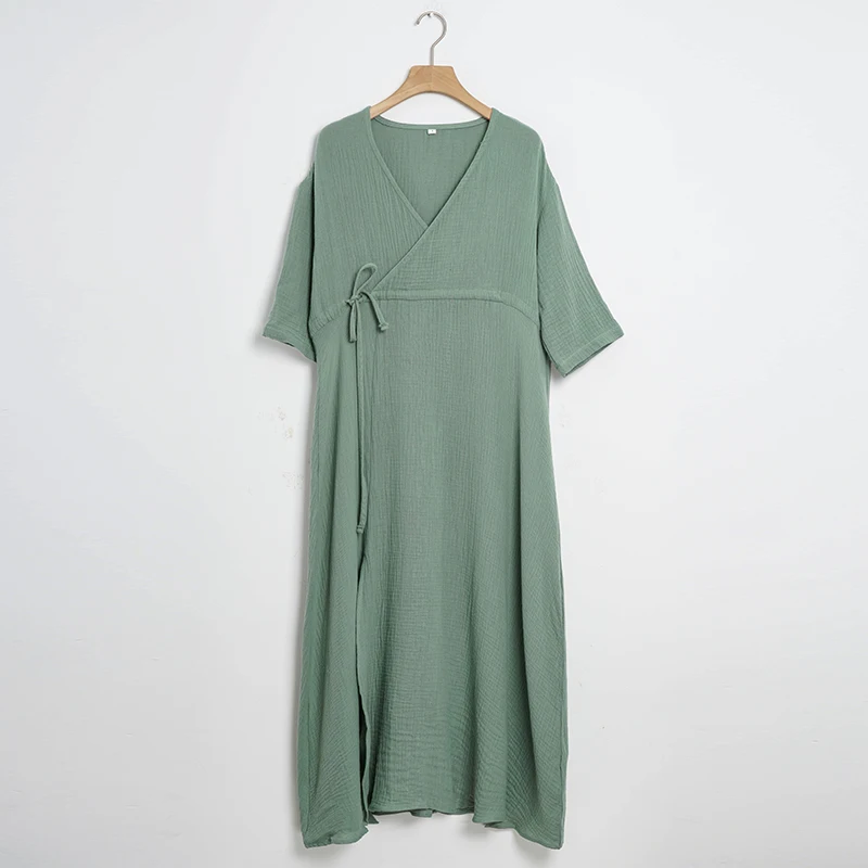 Robe de Soirée Élégante en Mousseline pour Femme, 100% Coton, Gaze, Col en V, Manches Courtes, à Lacets, Été, Décontracté, Streetwear, Plage, Éducatif