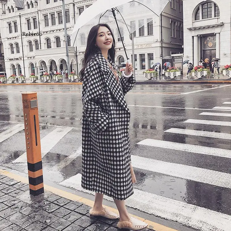 

Women Autumn Winter Houndstooth Long Wool Coat Full Sleeve Woolen Overcoat Straight Jacket Thick Cloak