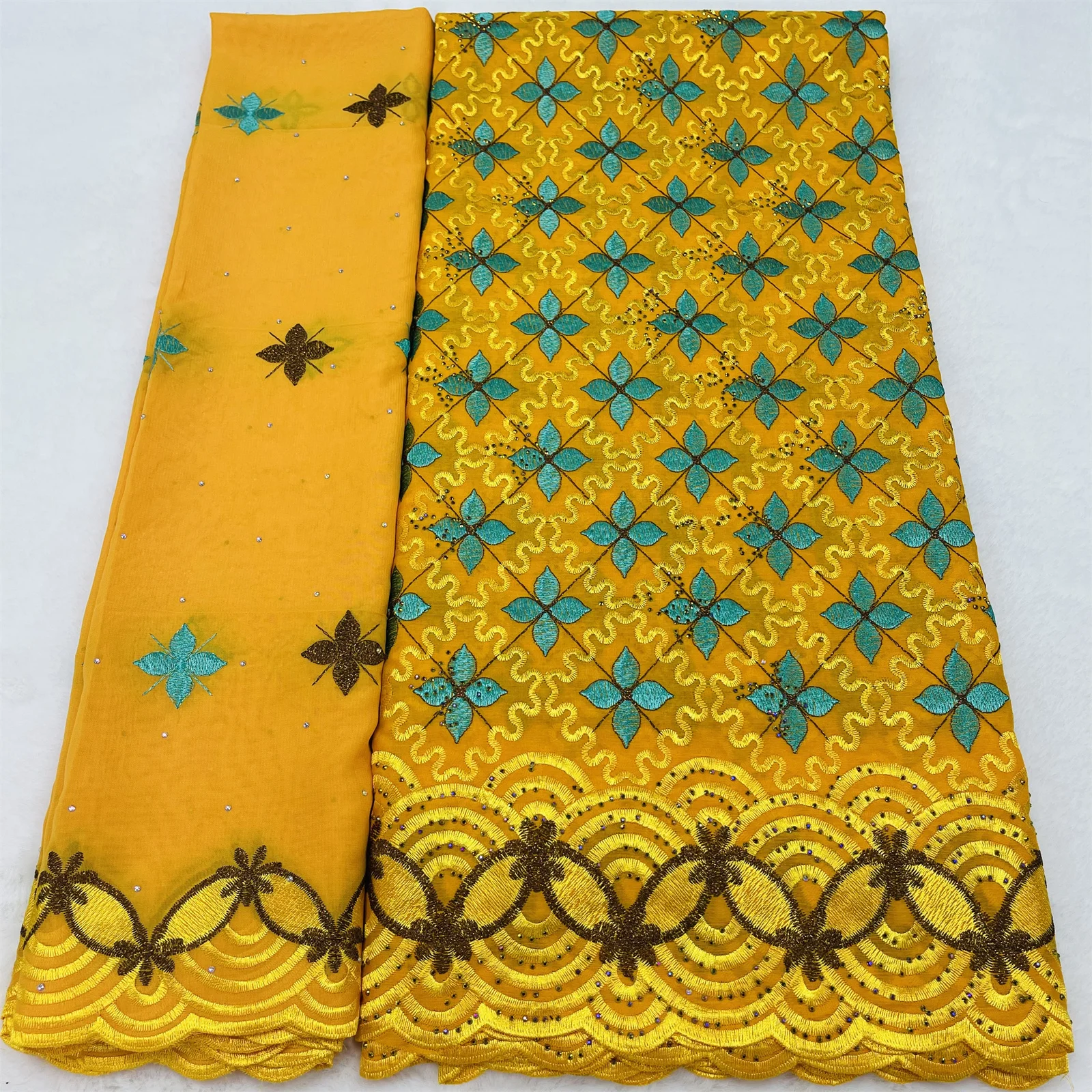 

2025 новейшая высококачественная африканская 100% хлопчатобумажная кружевная ткань с вышивкой и камнями 5 + 2 ярда ткань для свадебных платьев для выпускного вечера