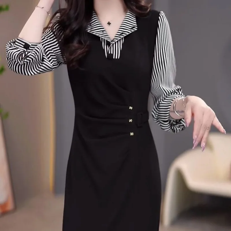 Fake Two-piece Spliced Striped High-end Dress for Women 2025 New Fashionable Temperament Age-reducing Slimming Mid-length Skirt