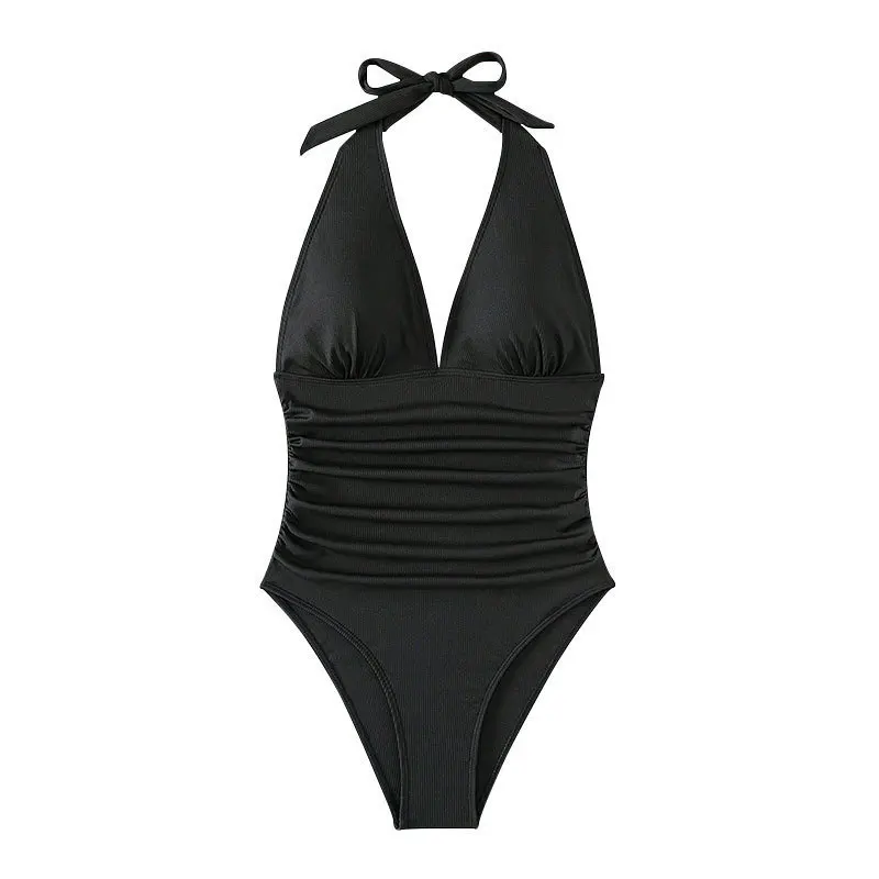 Traje de baño Sexy de una pieza para mujer, traje de baño de Color sólido con cuello Halter y lazo con cuello en V, ropa de playa ajustada, Bikini, traje de baño de primavera
