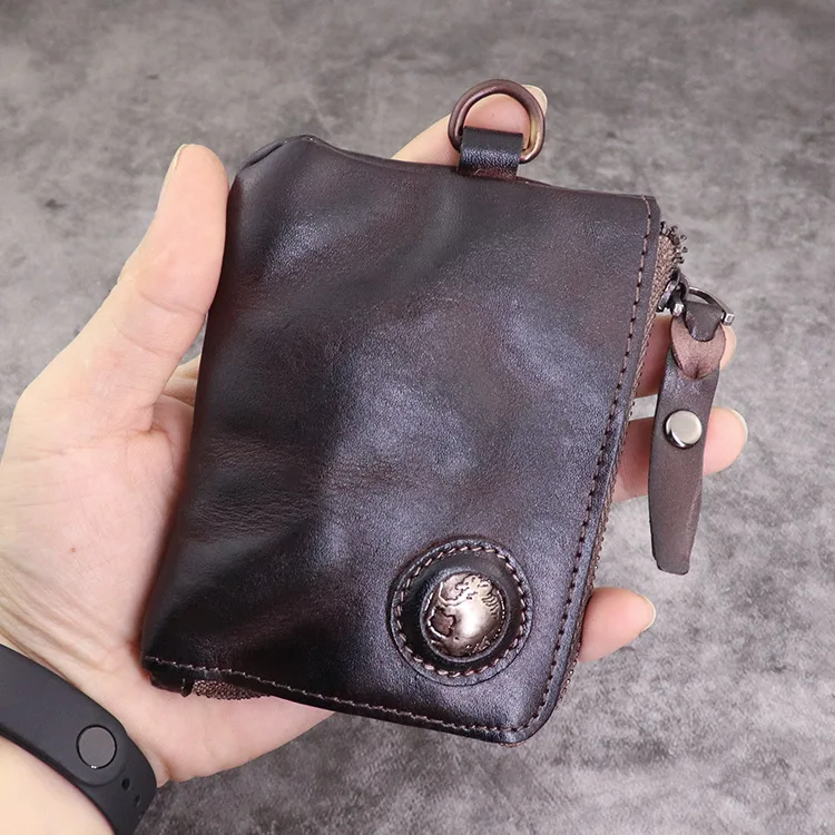 Vintage Style Leather Wallet Men's Key Card Holder Foldable Wallet Zipper Closure Pure Color Top Layer Cowhide Wallet