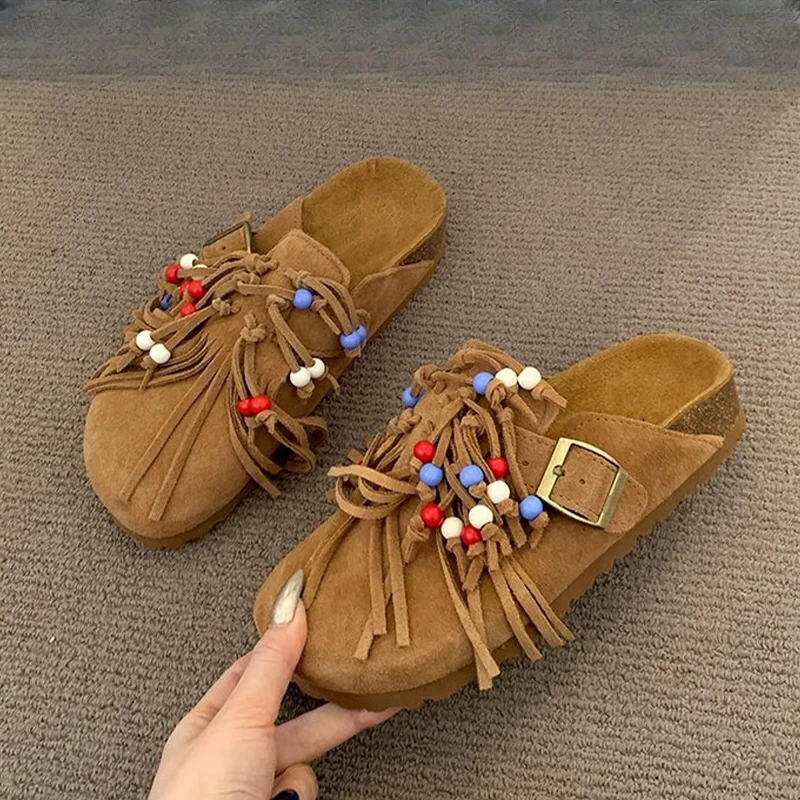 Designer Women Mules Shoes Flats Suede Women's Sandals Fringes 2025 Summer Fashion Slippers Walking Dress Cozy Mujer Sandalias