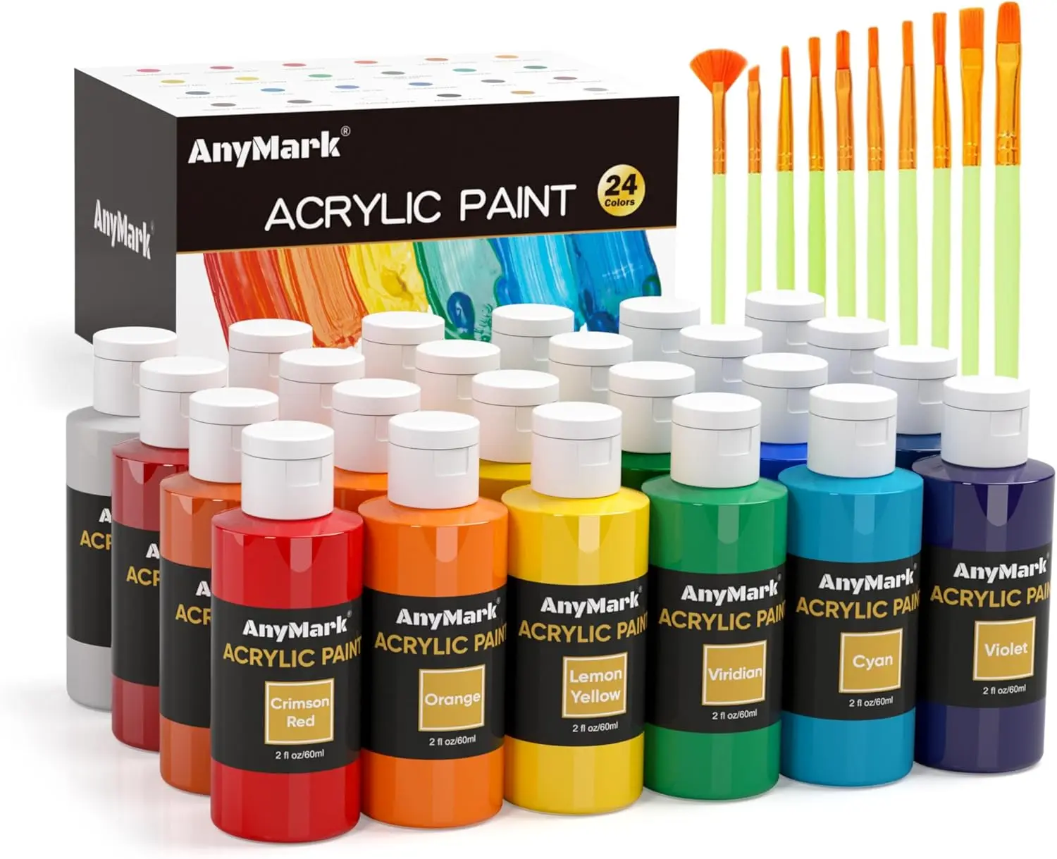 

Набор акриловых красок из 24 цветов, 10 кистей, флаконы по 60 мл для рисования на холсте, камне, дереве