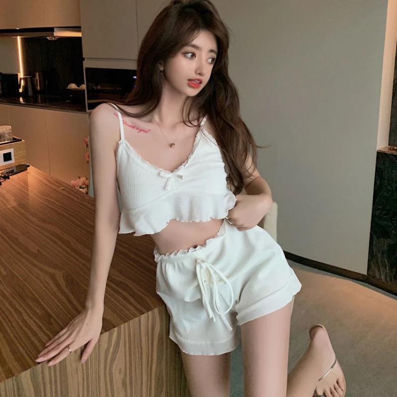 Lace Camisole Sets Women Slim Sexy Pure Casual Simple Cozy Summer Shorts Bandage Daily Streetwear Korean Style Hot Girls Chic