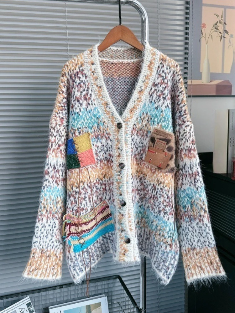 

Fashion Vintage Design Cardigan V Neck Patchwork Contrast Color Single Breasted Sweaters Lazy Style Knit Tops Women's Clothing