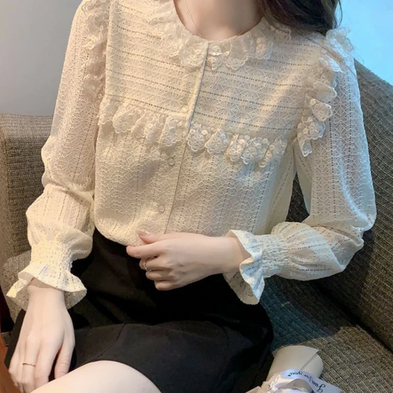 Spring Autumn New Solid Color Round Neck Long Sleeve Shirt Women High Street Button Edible Tree Fungus Cardigan Elegant Tops