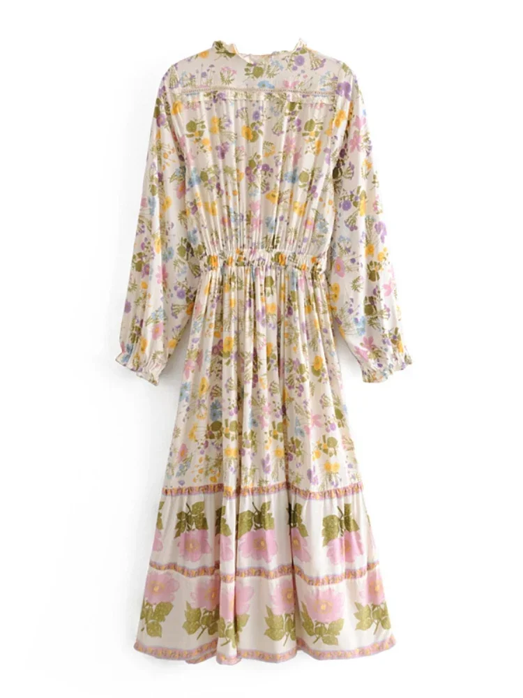 Vintage Chic Women Floral Print Beach Bohemian Maxi Dresses Robe Ladies Ruffled Tie Neck Rayon Cotton Summer Boho Dress Vestidos