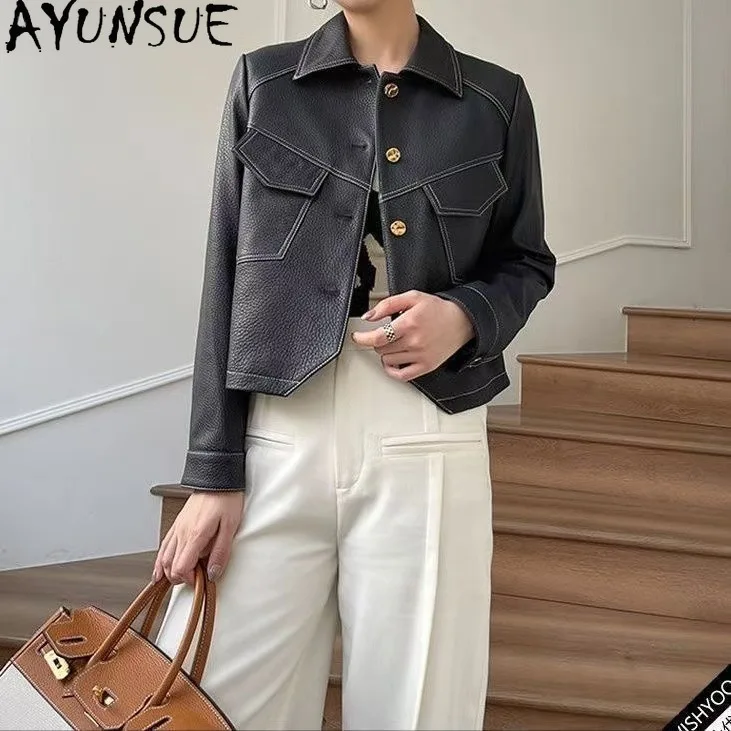 AYUNSUE 100% Real Leather Jacket Woman Clothing 2026 Spring Autumn Sheepskin Coat for Women Short Style Slim Fit Casaco Feminino