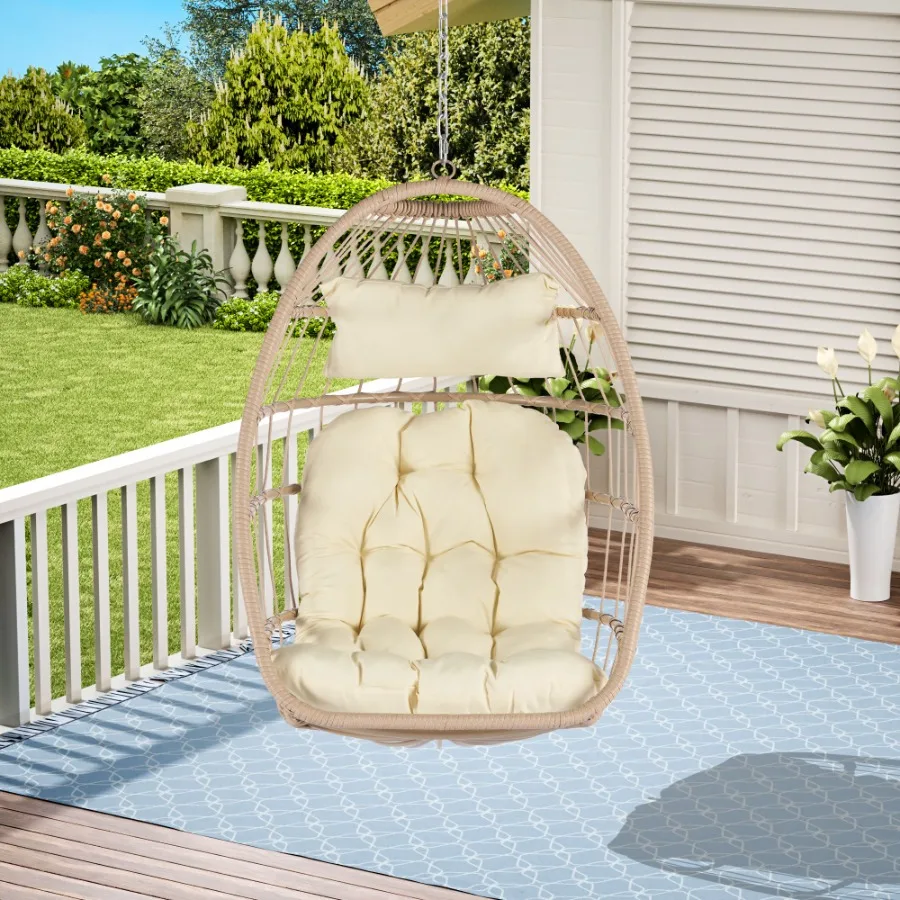 

Outdoor Garden Rattan Egg Swing Chair Hanging Chair Wood+Khaki