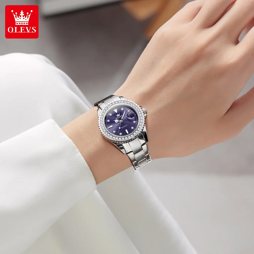 Olevs 9945 relógios femininos elegante roxo completo diamante dial sólido aço inoxidável data automática relógio de quartzo à prova dwaterproof água para mulher