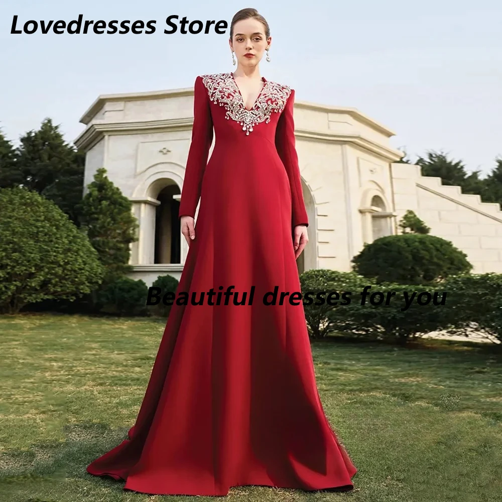 Red Evening Dress Customized V Neck Long Sleeves Beading Stone A Line Sweep Train Formal Prom Gowns Modern Prom Dress
